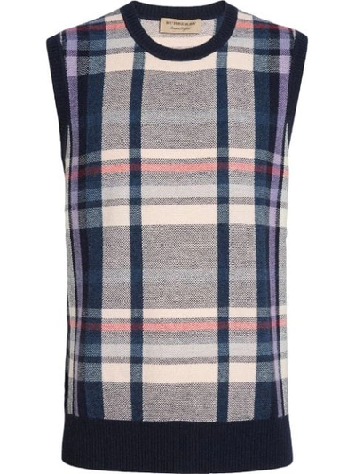 Shop Burberry Check Cashmere Tank Top In Blue