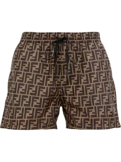 Fendi Tech Fabric With All-over Ff Pattern Swim Shorts In Brown