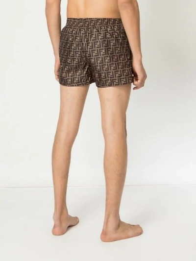 Fendi Tech Fabric With All-over Ff Pattern Swim Shorts In Brown