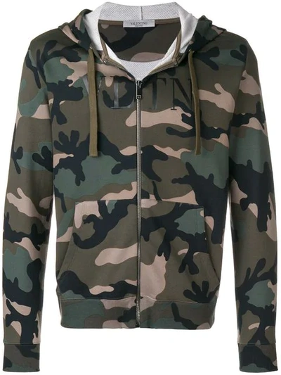 Shop Valentino Front Zip Hoodie In Green