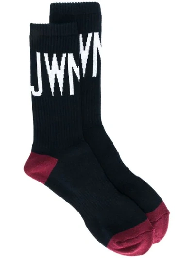 Shop Junya Watanabe Ribbed Knit Logo Socks In Black