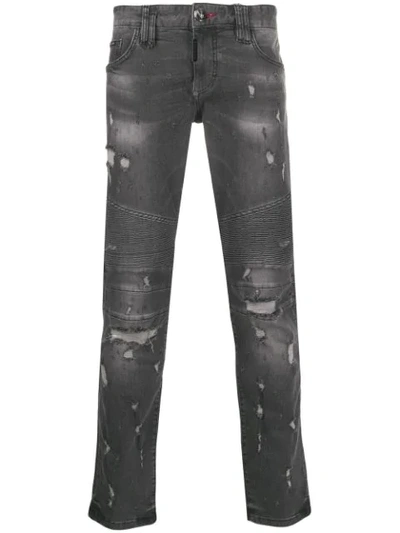 Shop Philipp Plein Distressed Fitted Jeans In Grey