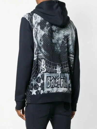 Shop Balmain Zipped Print Hoodie In Blue