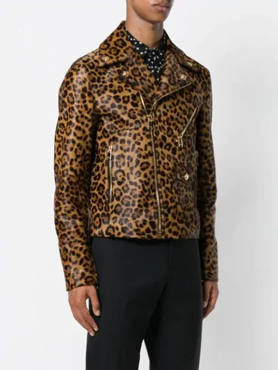 Shop Versace Leather Leopard Print Biker Jacket In Brown