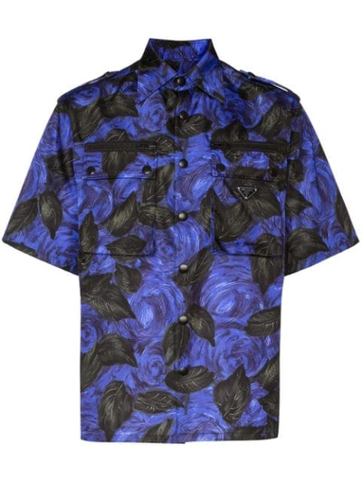 Shop Prada Floral-print Zip Pocket Shirt In Blue ,green