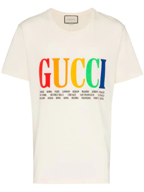 Gucci Rainbow Cities Print Cotton T Shirt In 7550 Beige | ModeSens