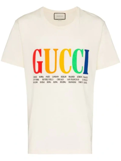 Shop Gucci Rainbow Cities Print Cotton T Shirt In 7550 Beige