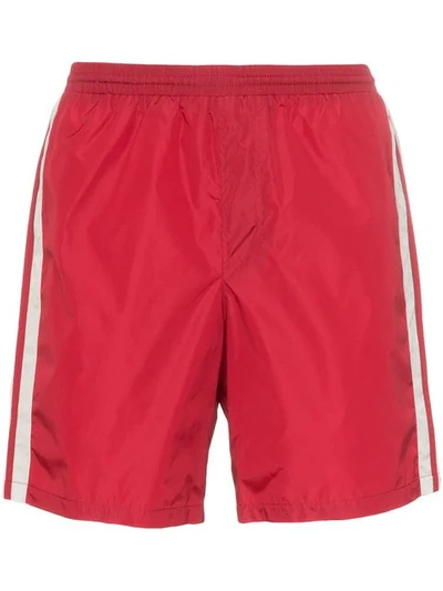 Shop Gucci Monogram Stripe Swim Shorts In Red