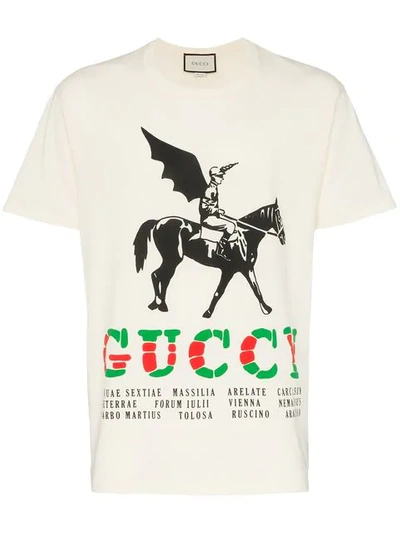 Shop Gucci Winged Jockey Guccy Logo T-shirt In Neutrals