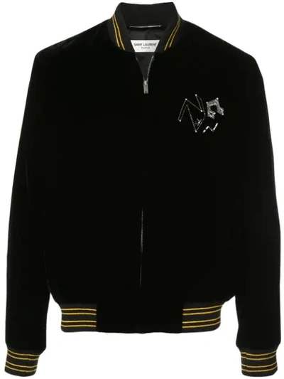 Shop Saint Laurent Sequin-embellished Velvet Bomber Jacket In Black