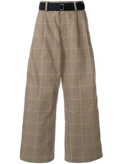 Shop Sacai Wide Leg Check Trousers In Brown