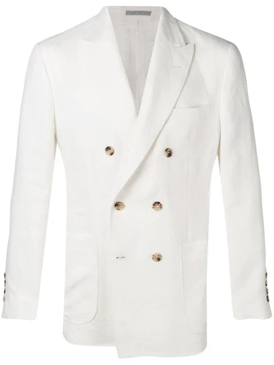 Shop Brunello Cucinelli Double Breasted Linen Blazer In White