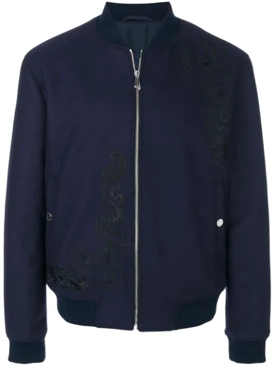 Shop Versace Embroidered Bomber Jacket In Blue