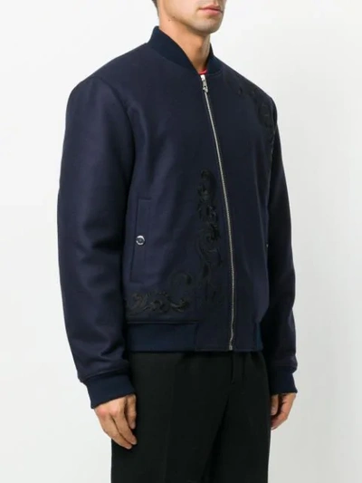 Shop Versace Embroidered Bomber Jacket In Blue