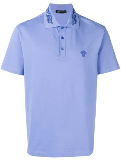 Shop Versace Embroidered Polo Shirt - Blue