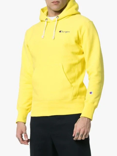 Shop Champion Logo Embroidered Hooded Cotton Jumper In Yellow