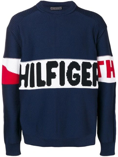 Shop Tommy Hilfiger Logo Intarsia Jumper In 458 Sky Captain