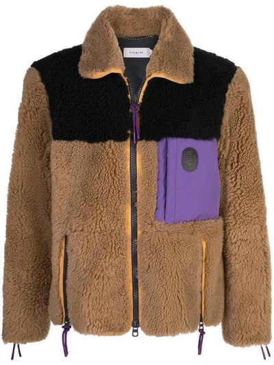 Shop Coach Colourblock Shearling Jacket In L9i Burnt Sienna