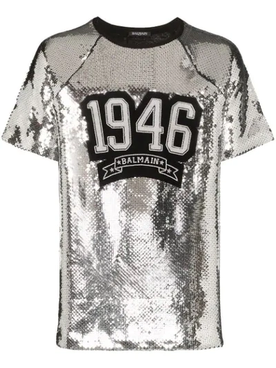 Shop Balmain Sequin-embellished Logo T-shirt In Silver