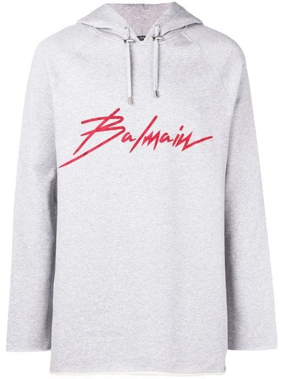 Shop Balmain Logo Print Longline Hoodie In Grey
