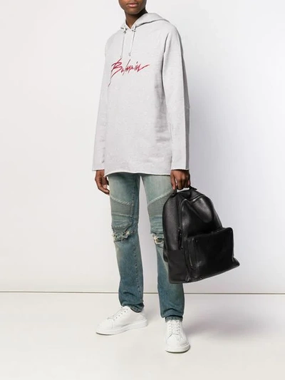 Shop Balmain Logo Print Longline Hoodie In Grey