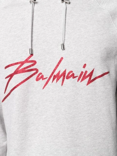 Shop Balmain Logo Print Longline Hoodie In Grey