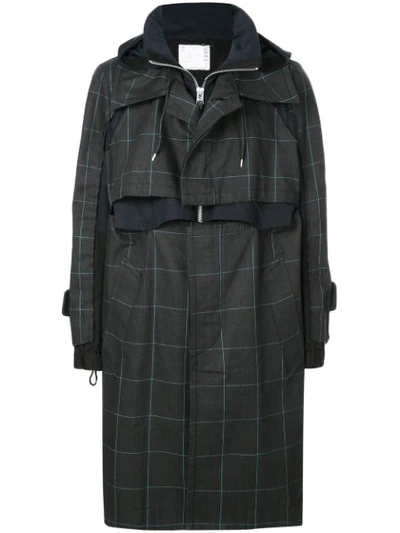 Shop Sacai Checked Hooded Trench In Blue