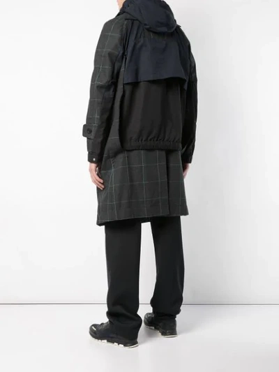 Shop Sacai Checked Hooded Trench In Blue