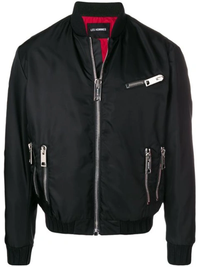 Shop Les Hommes Zip Detail Bomber Jacket In Black