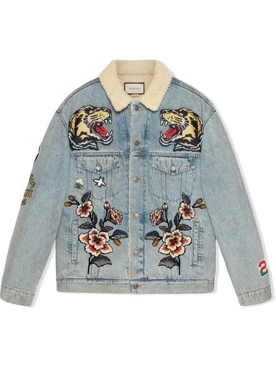 Shop Gucci Oversize Denim Jacket With Patches In Blue