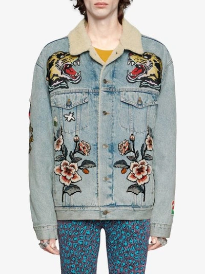 Shop Gucci Oversize Denim Jacket With Patches In Blue