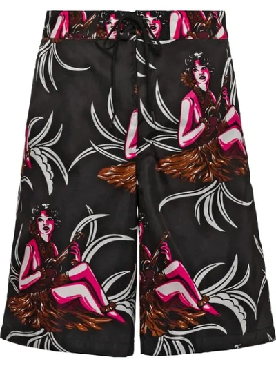 PRADA HAWAII PRINT SWIM SHORTS - 黑色