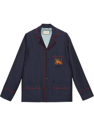 Shop Gucci Fine Dots Wool Jacket With Feline In 4333 Blue