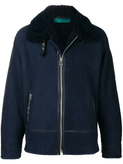 Shop Paura Front Zip Shearling Jacket - Blue