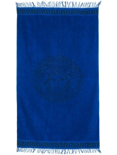 Shop Versace Embroidered Medusa Beach Towel In Blue
