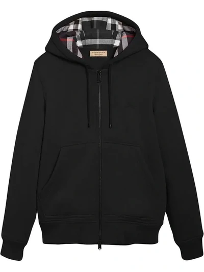 Shop Burberry Check Detail Zipped Hoodie In Black