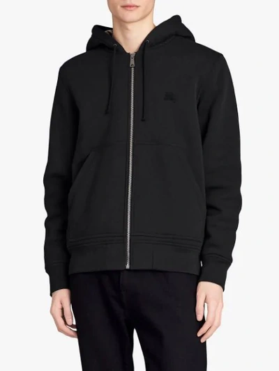 Shop Burberry Check Detail Zipped Hoodie In Black