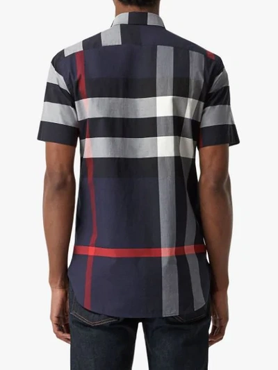 Shop Burberry Short-sleeve Check Stretch Cotton Shirt In Blue