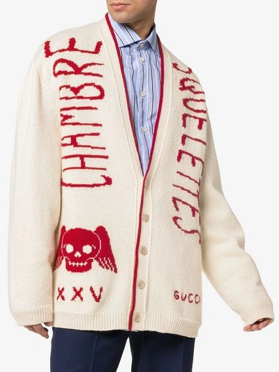 Shop Gucci Chambre Squelettes Wool Cardigan In 9133 White/red