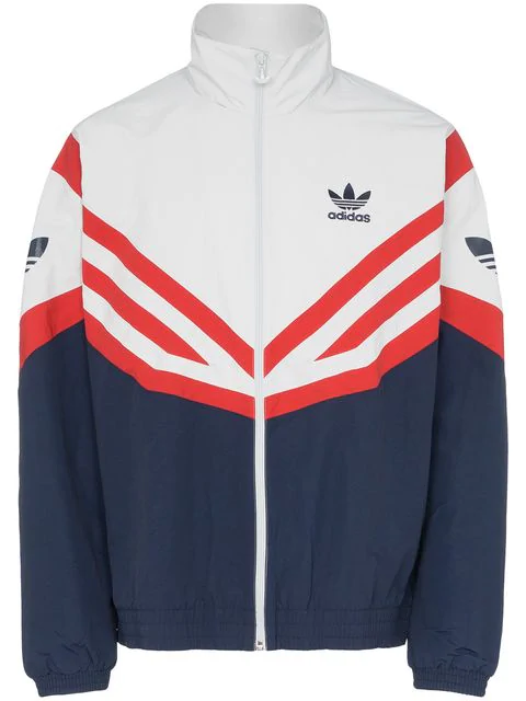 red adidas jacket with white stripes