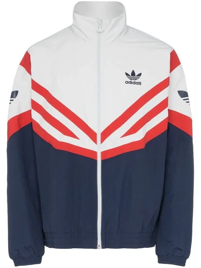 White adidas jacket with best sale red stripes