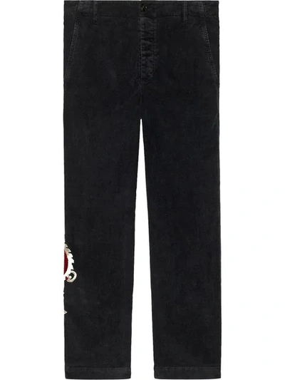 Gucci Marbled Corduroy Chino With Dragon In Black | ModeSens
