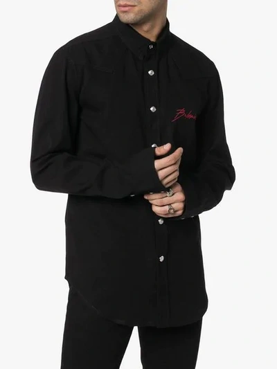 Shop Balmain Logo Embroidered Denim Shirt In Black