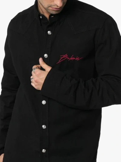 Shop Balmain Logo Embroidered Denim Shirt In Black