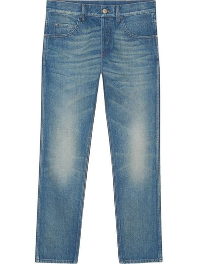 Shop Gucci Denim Tapered Pant With Tiger In Blue