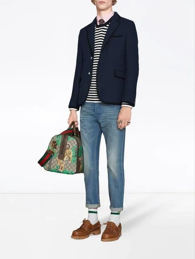 Shop Gucci Denim Tapered Pant With Tiger In Blue