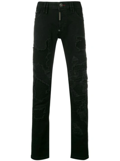 Shop Philipp Plein Schmale Distressed-jeans - Schwarz In Black