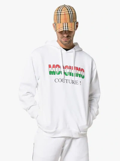 Shop Moschino Italy Logo Cotton Hoodie In White