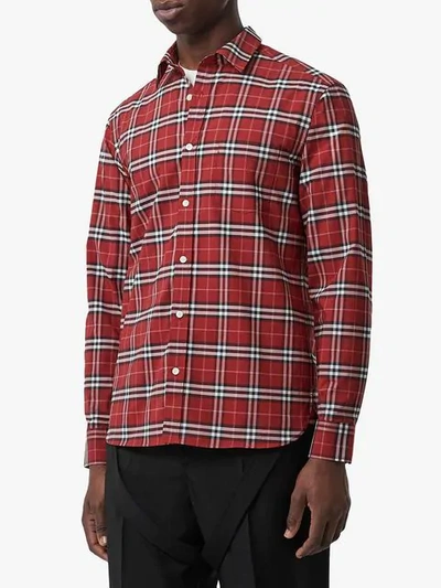 Shop Burberry Check Long-sleeve Shirt In Red