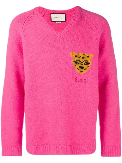 Shop Gucci Leopard Knit Sweater In Pink